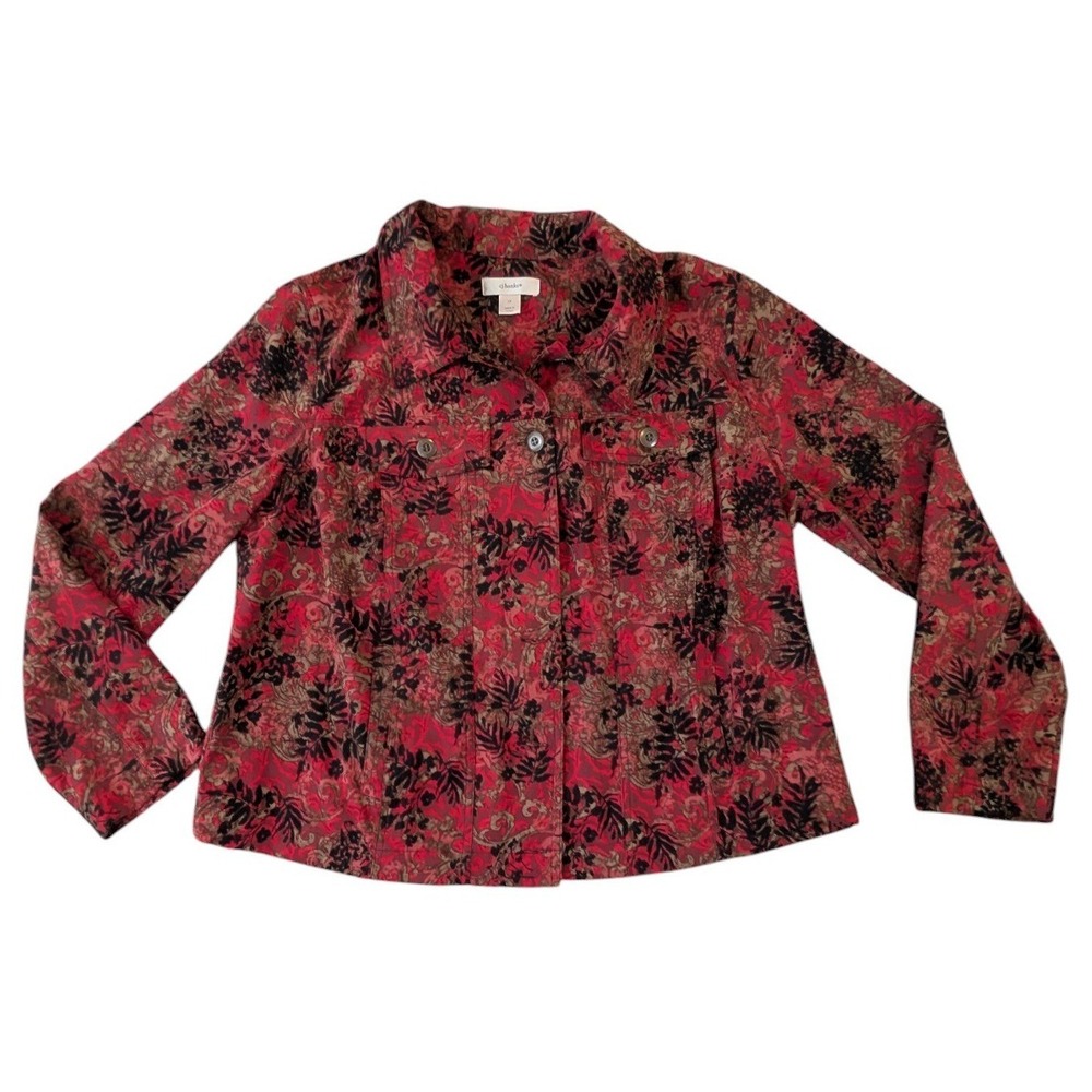 CJ Banks Womens 1X Red Black Floral Paisley Button Up Jacket Stretch Cottagecore